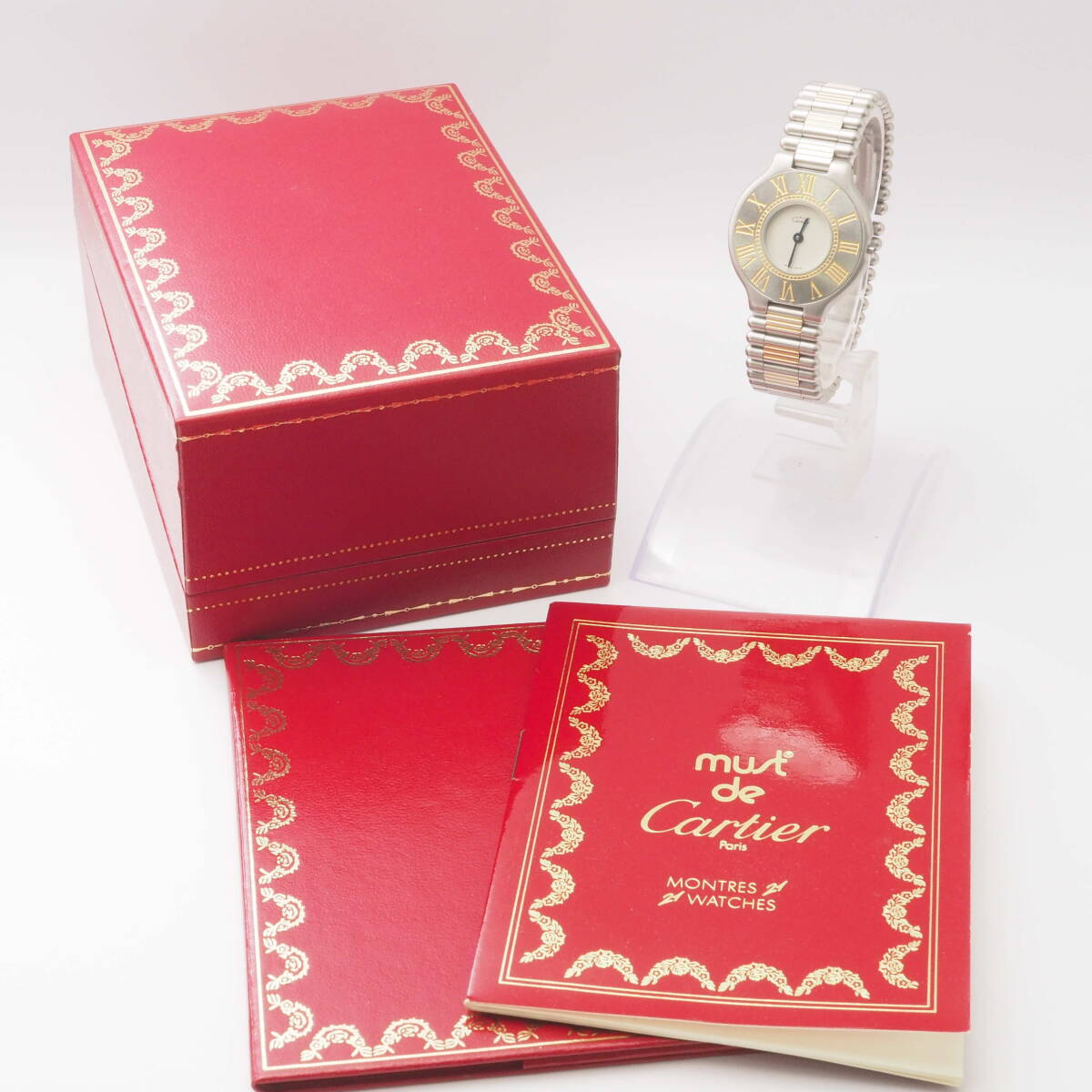 カルティエ マスト21 ヴァンティアン Cal,90.06 murt de Cartier クォーツ コンビ 白文字盤 ローマン レディース腕時計+元箱[A14877-ZA2の画像2
