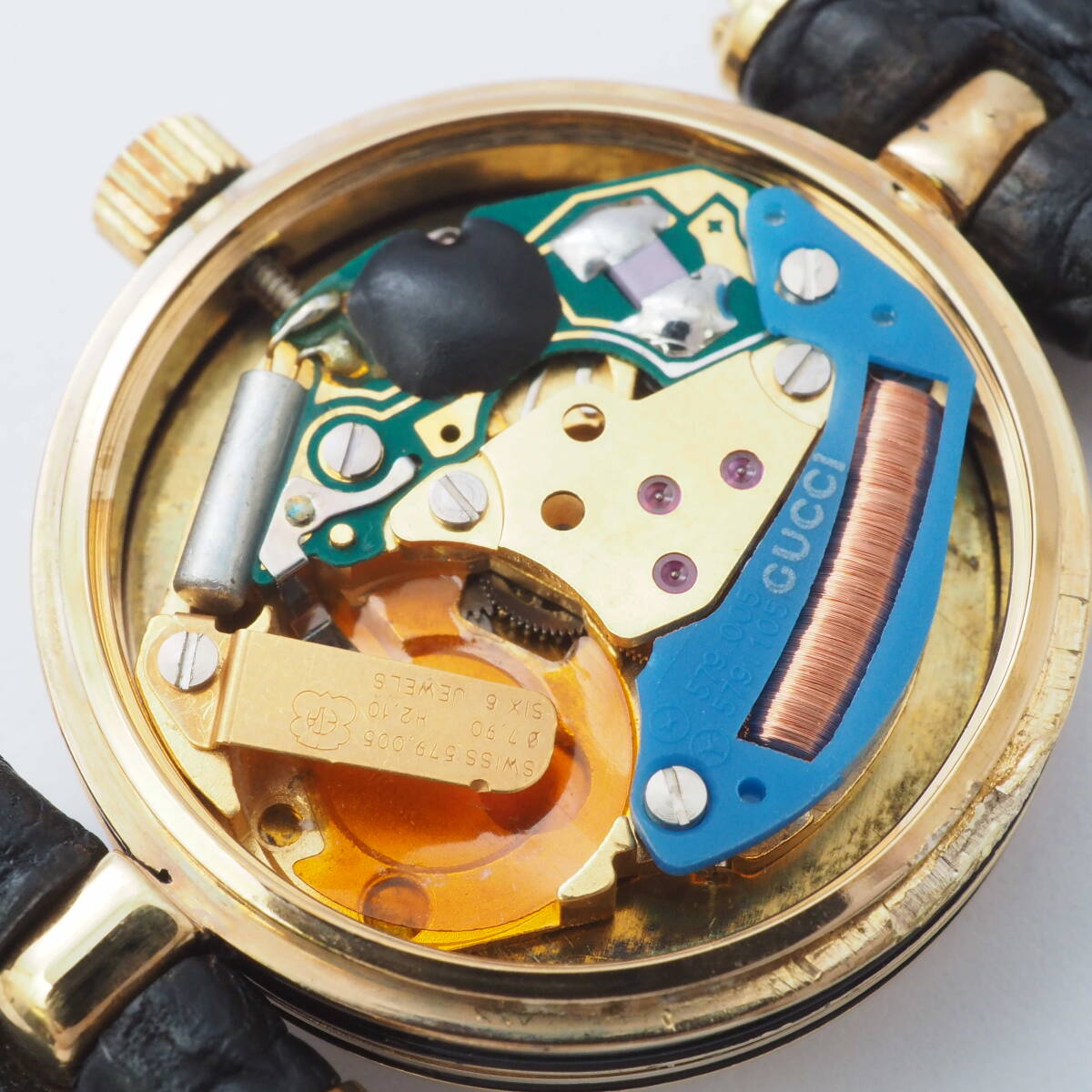 グッチ ラウンド型 GUCCI Cal,579.005/105 クォーツ ゴールド・黒×黒文字盤 ローマン レディース 革ベルト 腕時計[Pa1493-AA6の画像8