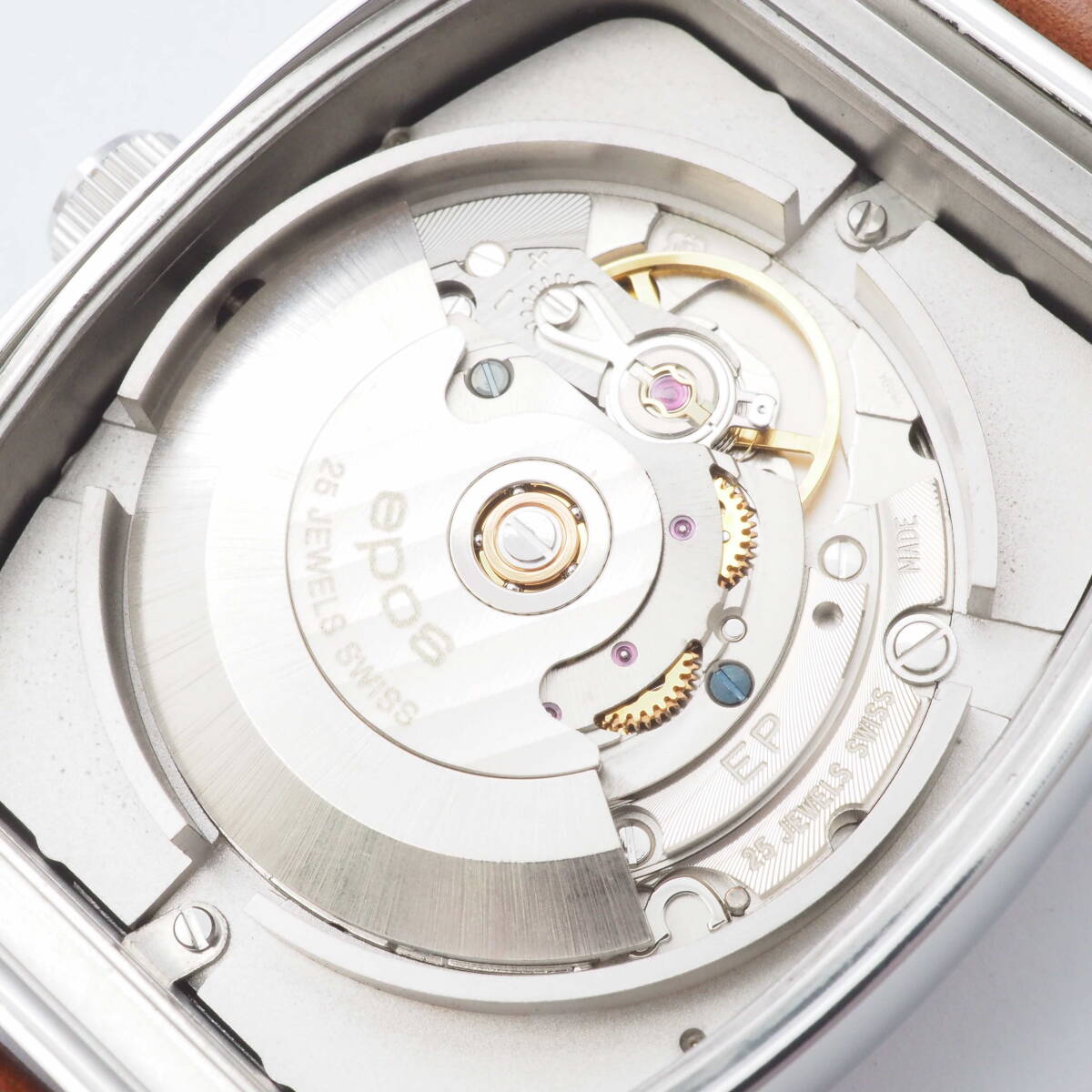 エポス オートマチック トノー型 3332 epos デイト 25石 SS 自動巻 ブラック 黒文字盤 裏スケ 革ベルト メンズ腕時計[04/05-AY8の画像8
