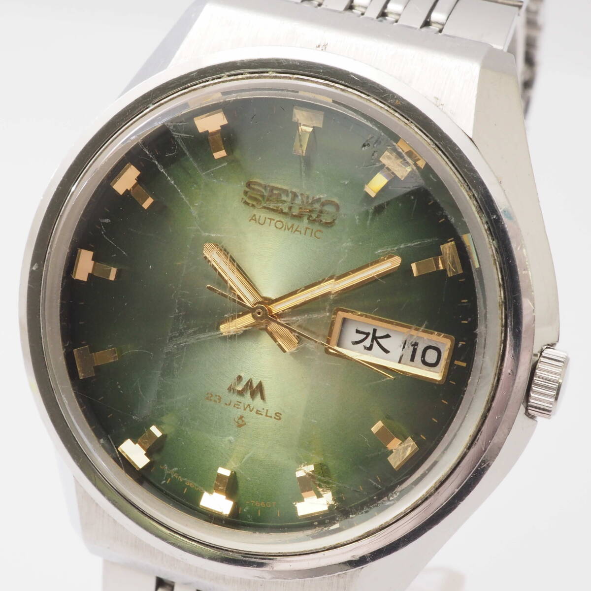 セイコー ロードマチック オートマ 5606-7320 SEIKO LM デイデイト 23石 SS 自動巻 グリーン文字盤 カットガラスメンズ腕時計[451646-BB2_画像1