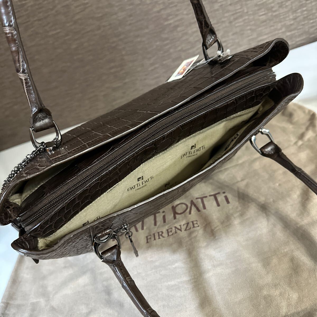 【新品】本物クロコダイル parti patti firenze 高級 マットクロコダイル センター取り トートバッグ ハンドバッグ 2way レディース ワニ革_画像9