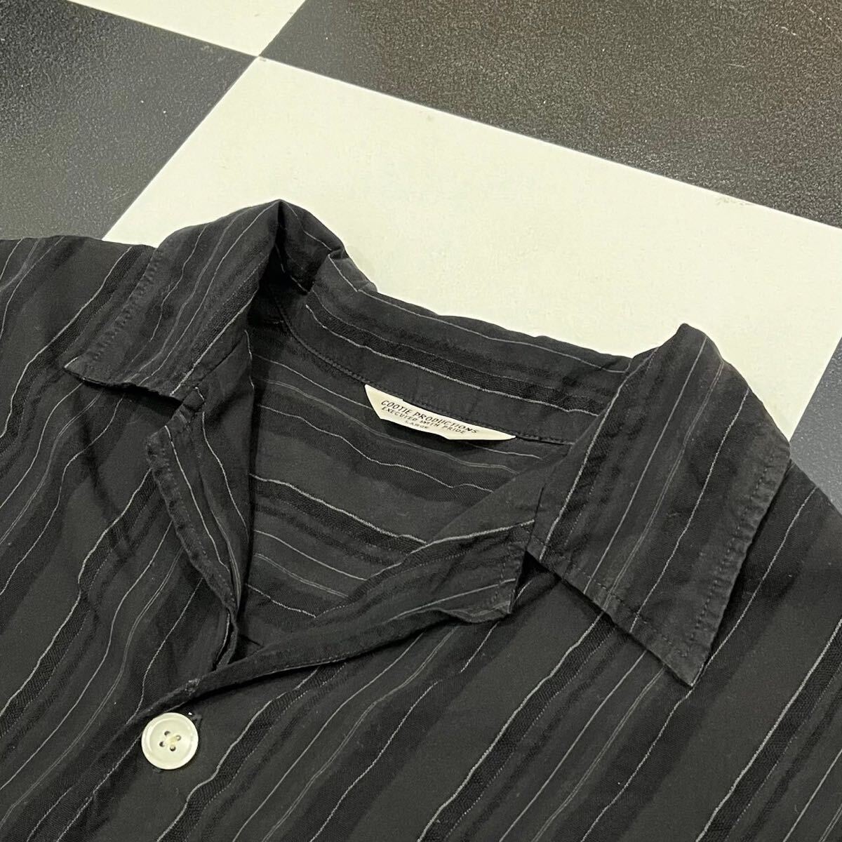 【126】 美品 23ss COOTIE Stripe Sucker Cloth Open Collar Shirt クーティー ストライプ オープンカラー シャツ L ブラック ワイド