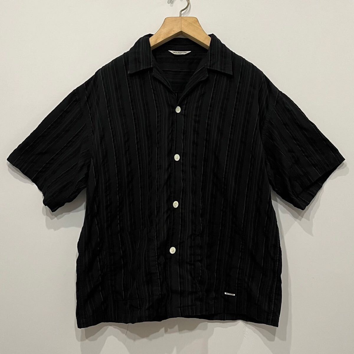 【126】 美品 23ss COOTIE Stripe Sucker Cloth Open Collar Shirt クーティー ストライプ オープンカラー シャツ L ブラック ワイド