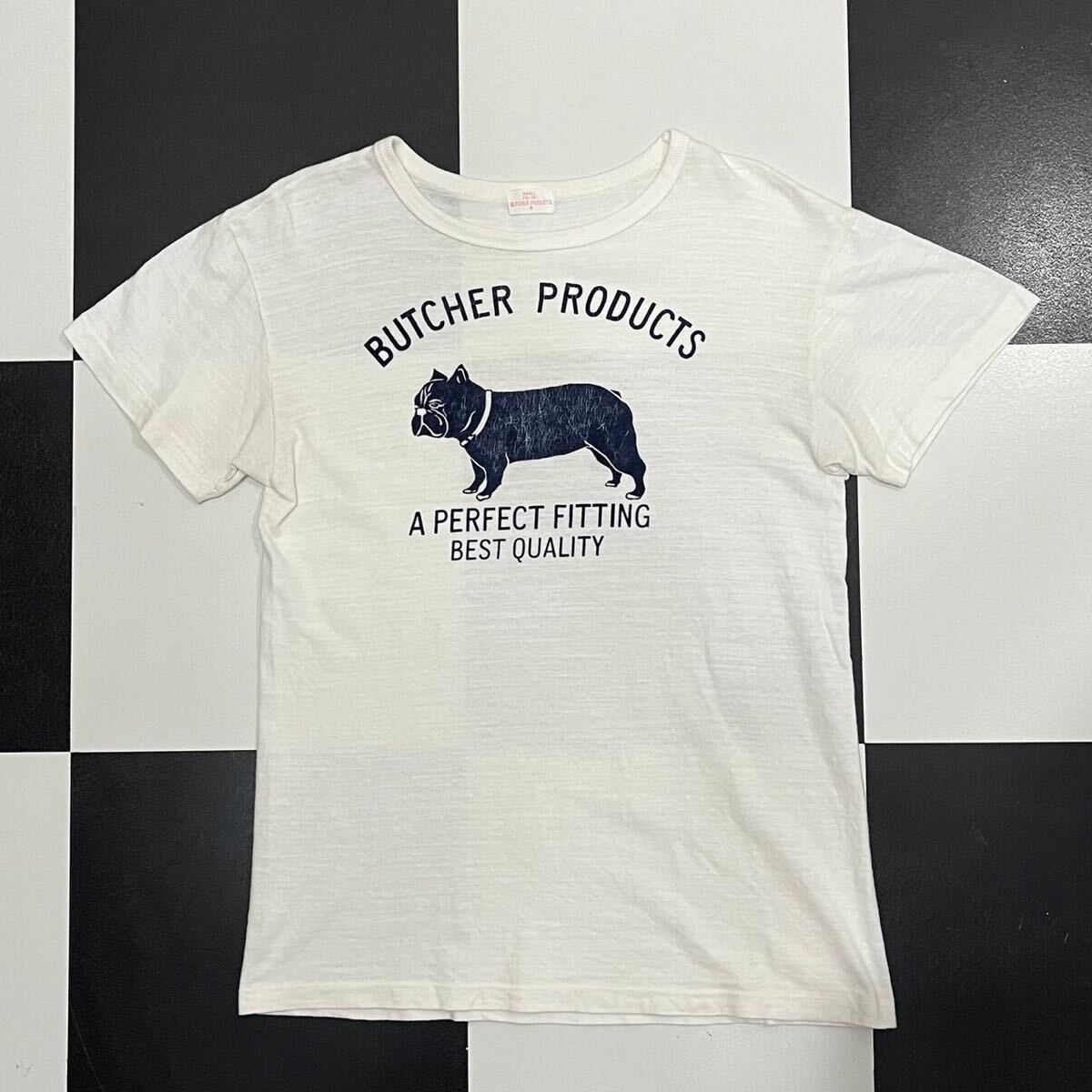 【131】 初期 butcher products フロッキー プリント ロゴ ブルドッグ Tシャツ S ブルー ブッチャープロダクツ atlast 白 アットラストの画像1