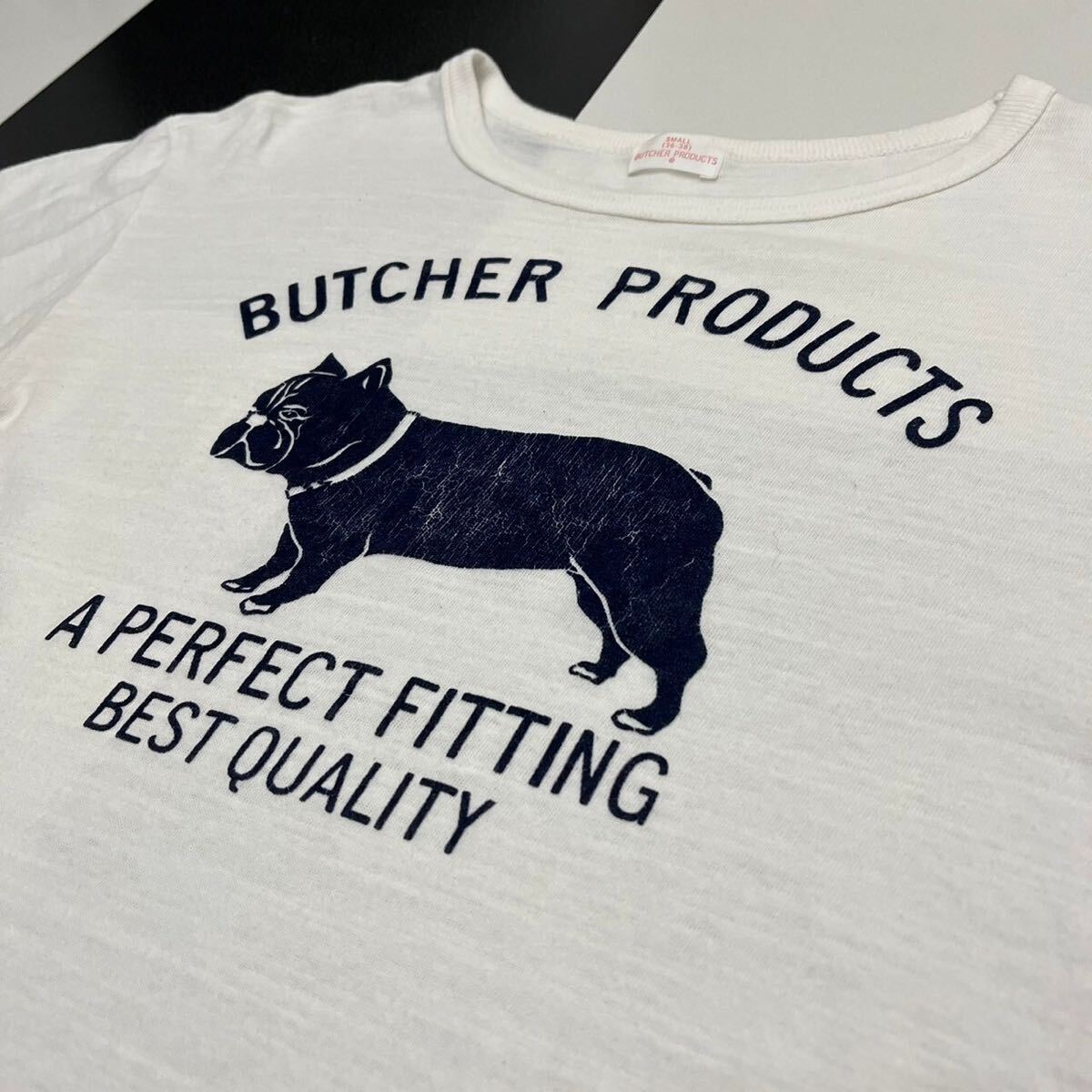 【131】 初期 butcher products フロッキー プリント ロゴ ブルドッグ Tシャツ S ブルー ブッチャープロダクツ atlast 白 アットラストの画像5