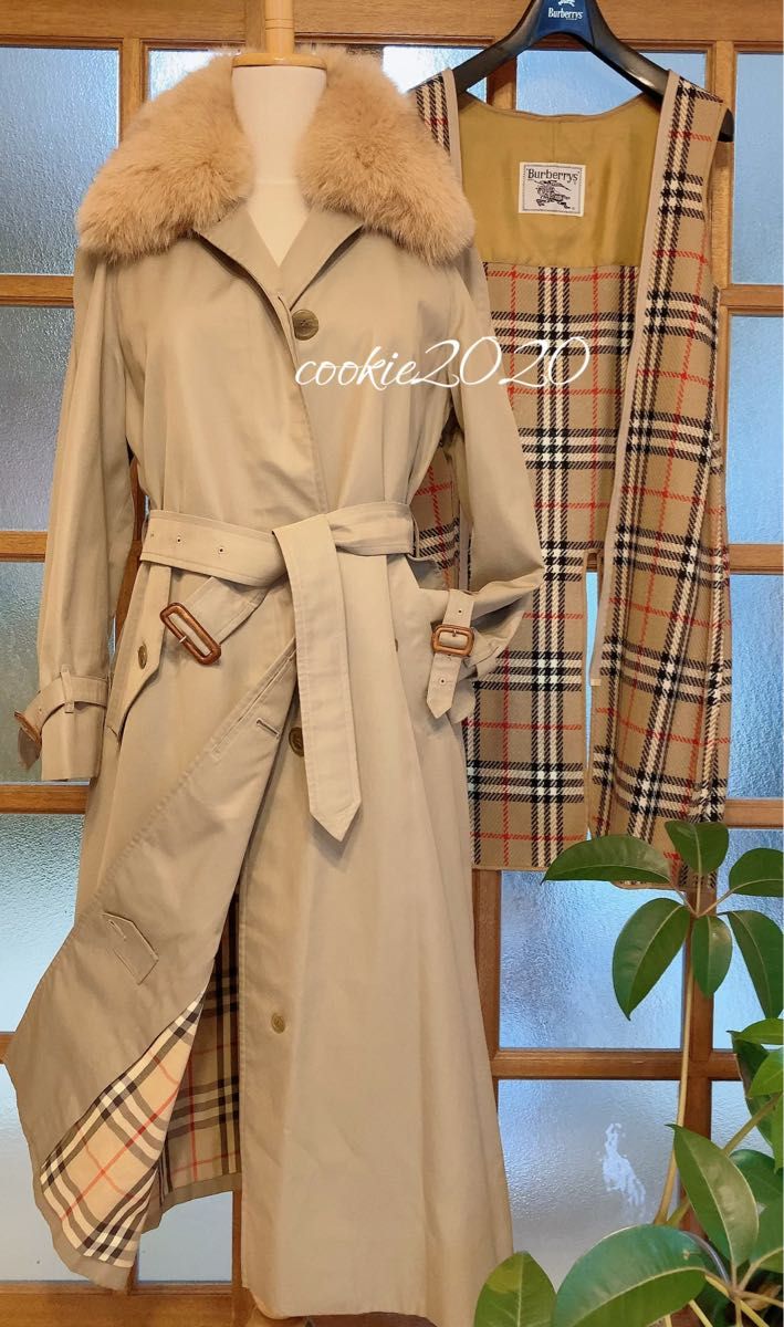 高級【美品★ライナー付きトレンチコート】BURBERRY、バーバリー、キツネファー、美ライン、ノバチェック、人気デザイン、9号