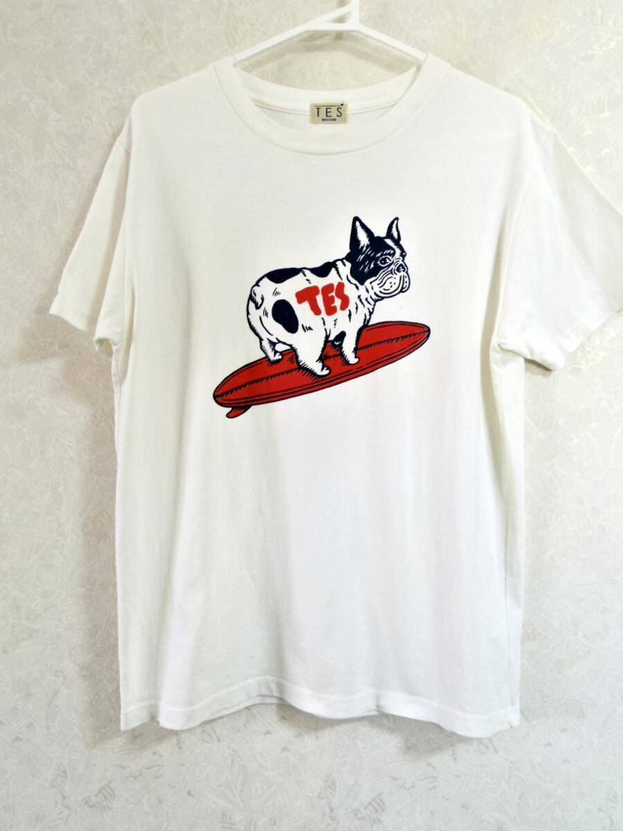 TES テス エンドレスサマー フレンチブルドック サーフ Tシャツ  白系 日本製 Mの画像1
