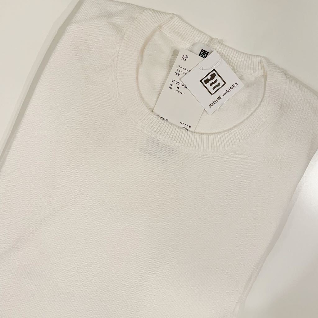 新品 XS メンズ UNIQLO ユニクロ ウォッシャブル クルーネック セーター ニット コットン 白 ホワイト 長袖 オンライン限定 _画像1