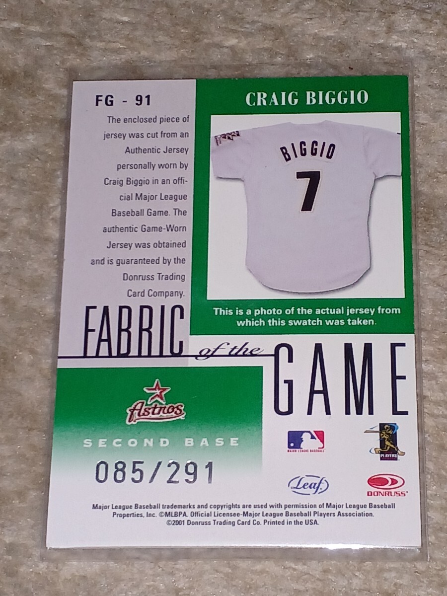 2001 Leaf Certified Materials Fabric of the Game Craig Biggio Game-Worn Jersey /291 アストロズ クレイグ・ビジオ ジャージーの画像2