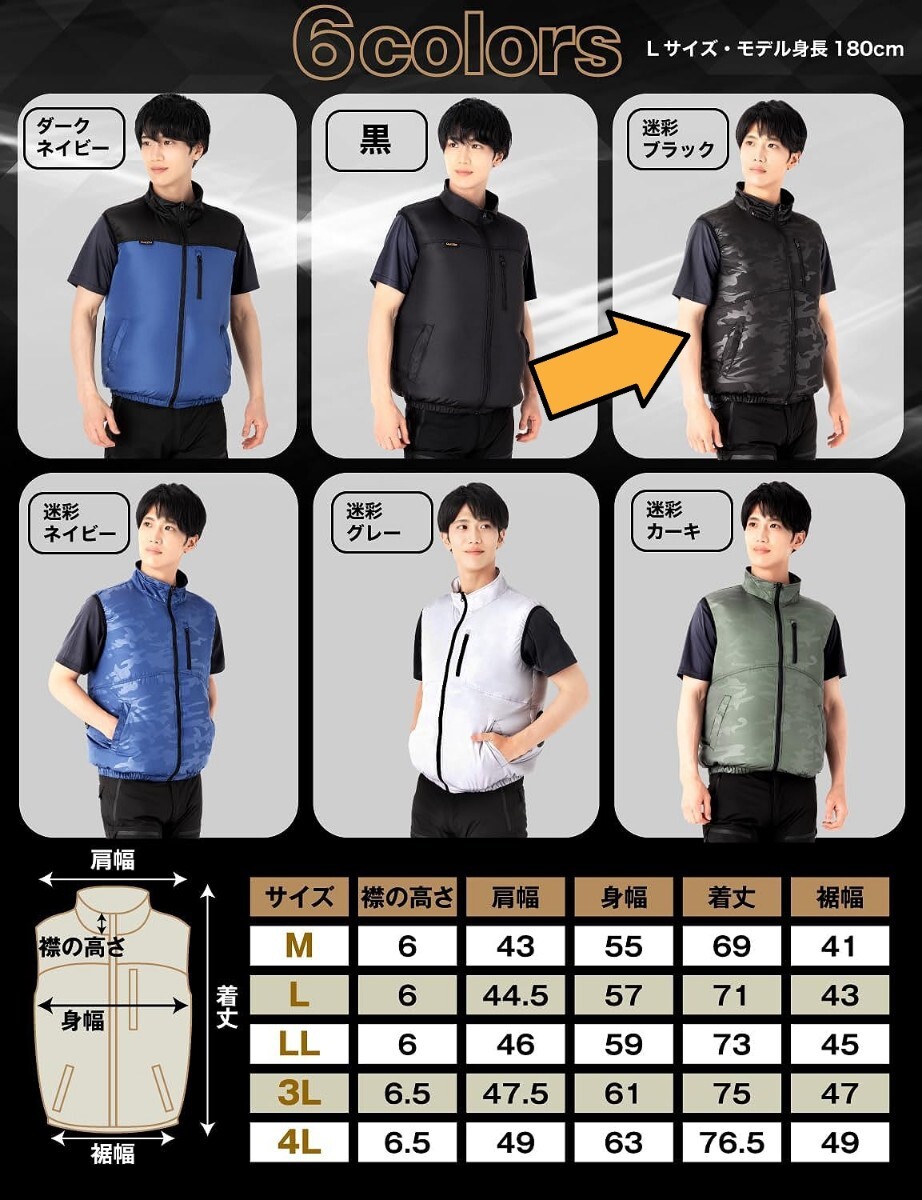 新品未開封☆定価6,980円 3Lサイズ カモフラージュ/ブラック☆空調服ベスト ファン付き 10000mAhバッテリーセット フルセット 男女兼用 黒_画像9