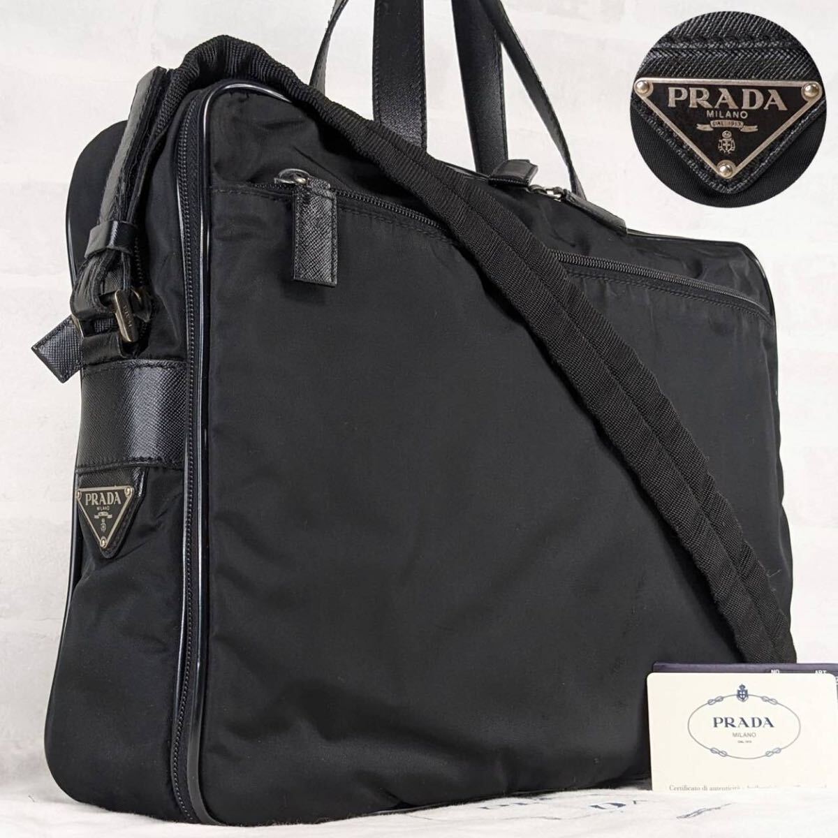 1円〜 PRADA プラダ ビジネスバッグ トートバッグ サフィアーノレザー ナイロン 三角ロゴ 2way 多機能収納 大容量 _画像1