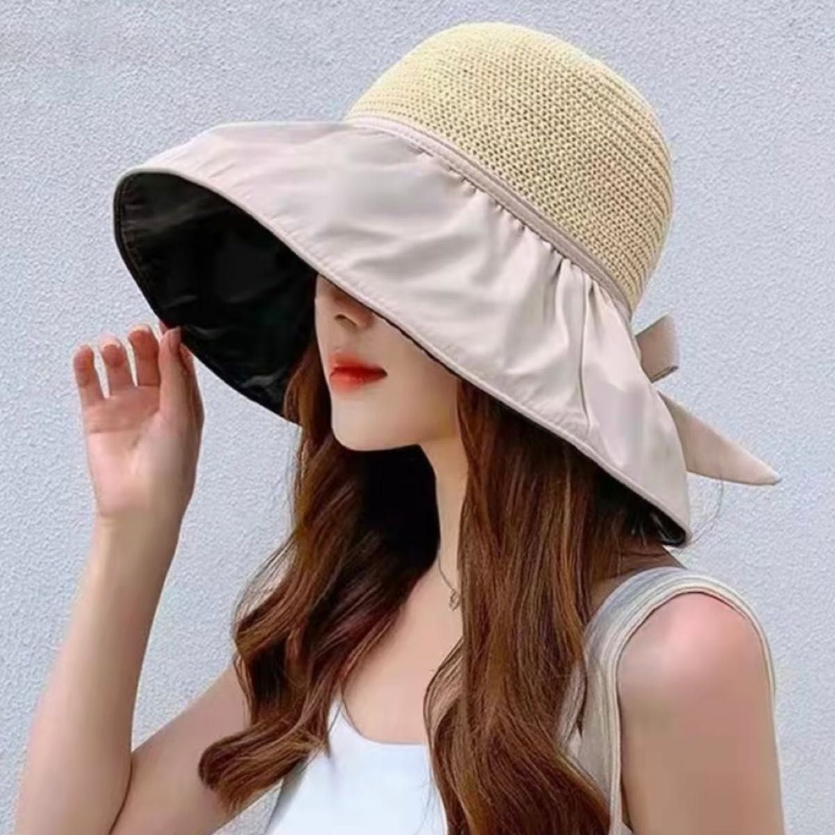 ベージュ レディース 麦わら帽子 ハット UVカット リボン 韓国 大きめ 小顔 女優帽 ストロー 黒  紫外線対策 つば広帽子