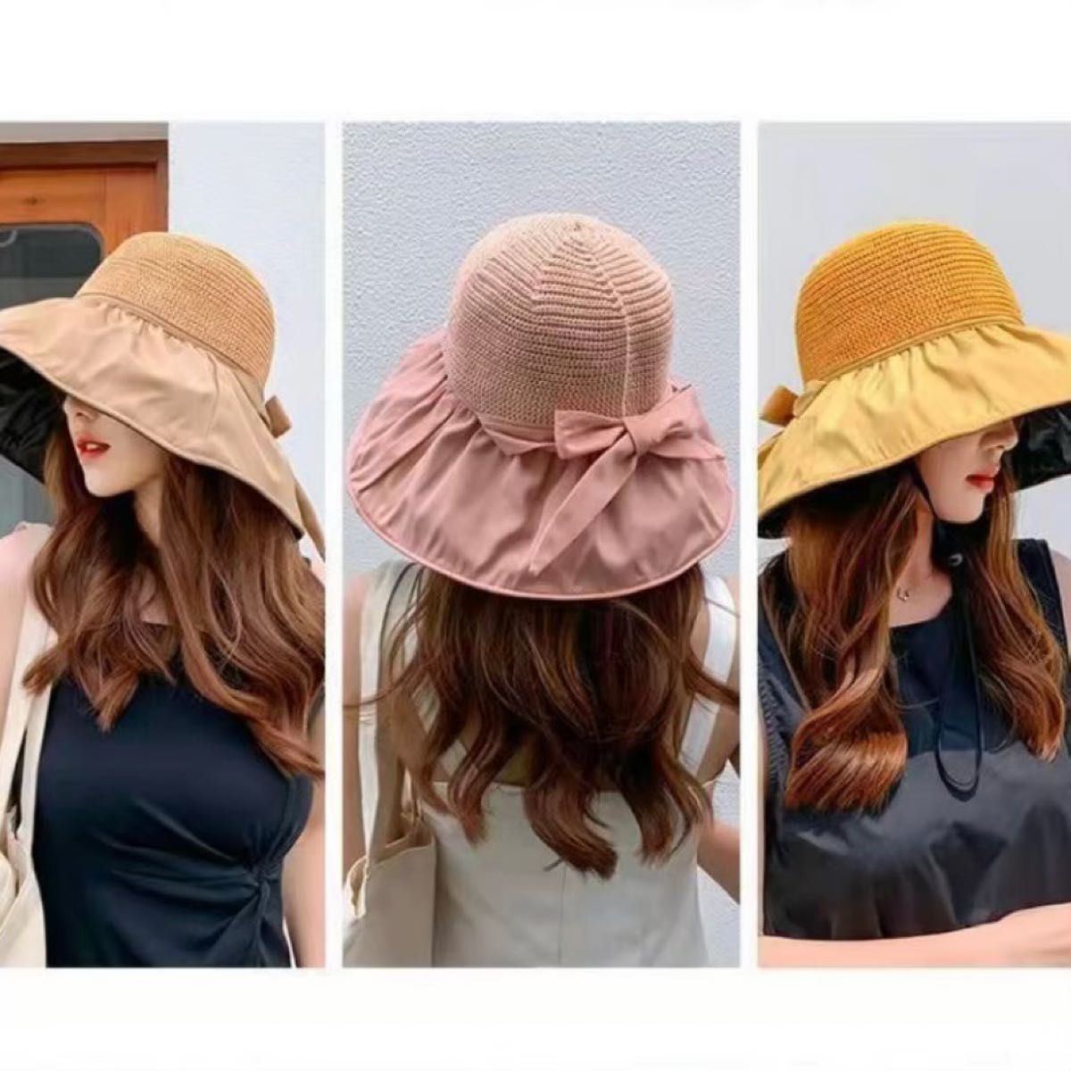 ブラック レディース 麦わら帽子 ハット UVカット リボン 韓国 大きめ 小顔 女優帽 ストロー 黒  紫外線対策 つば広帽子