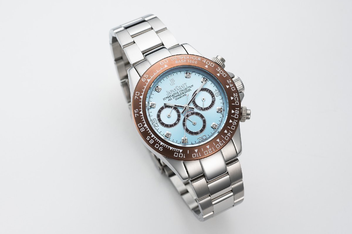 【当店限定品】8石天然ダイヤモンド付き 自動巻き オートマティック 腕時計 【アイスブルー水色】 クロノグラフ JAPAN KRAFT 時計 ダイヤの画像6