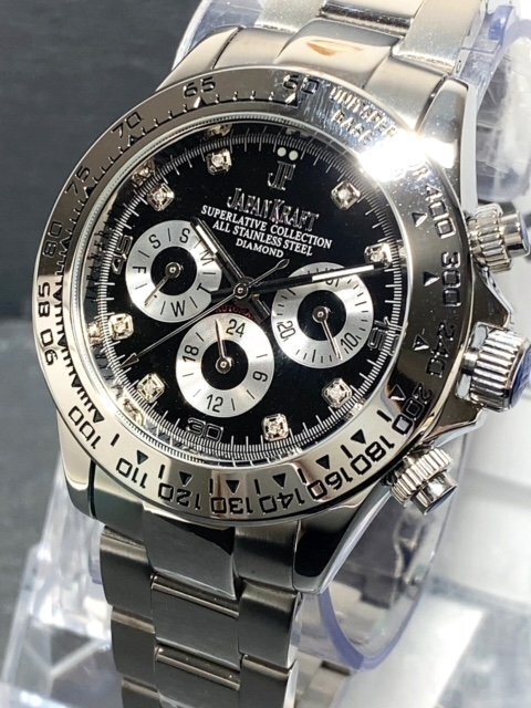 天然ダイヤモンド付き 新品 JAPAN KRAFT ジャパンクラフト 腕時計 正規品 クロノグラフ コスモグラフ 自動巻き 機械式 シルバー ブラックの画像2