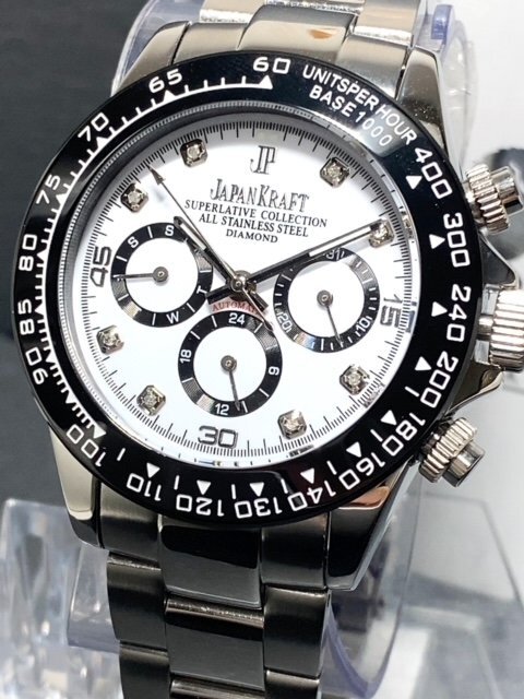 天然ダイヤモンド付き 新品 JAPAN KRAFT ジャパンクラフト 腕時計 正規品 クロノグラフ コスモグラフ 自動巻き 機械式 防水 ホワイト 白の画像2