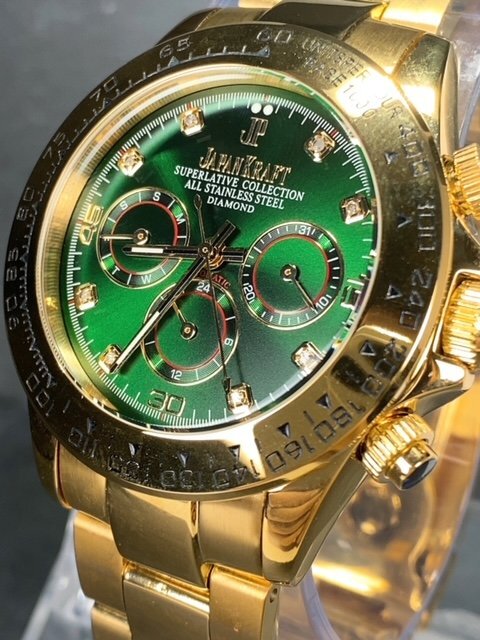 8石天然ダイヤモンド付き 新品 JAPAN KRAFT ジャパンクラフト 腕時計 正規品 クロノグラフ 自動巻き オートマティック ゴールド グリーンの画像3