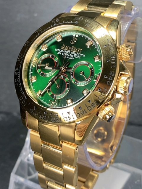8石天然ダイヤモンド付き 新品 JAPAN KRAFT ジャパンクラフト 腕時計 正規品 クロノグラフ 自動巻き オートマティック ゴールド グリーンの画像4