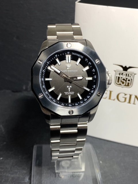 新品 ELGIN エルジン 腕時計 正規品 電波受信機能 ソーラー アナログ腕時計 ステンレス 10気圧防水 ビジネス ブラック 蓄光 プレゼントの画像3