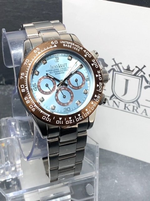 天然ダイヤモンド付き 新品 JAPAN KRAFT ジャパンクラフト 腕時計 正規品 クロノグラフ コスモグラフ 自動巻き 機械式 防水 アイスブルーの画像3