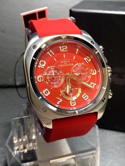  новый товар Tecnos TECHNOS стандартный товар наручные часы аналог наручные часы многофункциональный наручные часы хронограф кварц резиновая лента 10 атмосферное давление водонепроницаемый красный красный подарок 