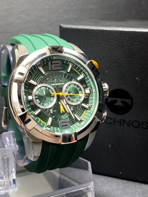新品 TECHNOS テクノス 正規品 ラバーベルト クロノグラフ クォーツ アナログ腕時計 多機能腕時計 10気圧防水 グリーン ビックフェイス_画像4