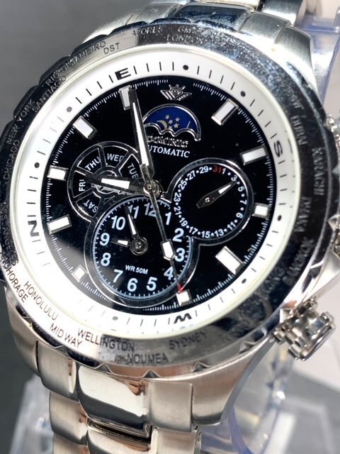 新品 正規品 ドミニク DOMINIC 自動巻き 腕時計 サン＆ムーン オートマティック カレンダー 防水 ステンレス ブラック メンズ プレゼントの画像3