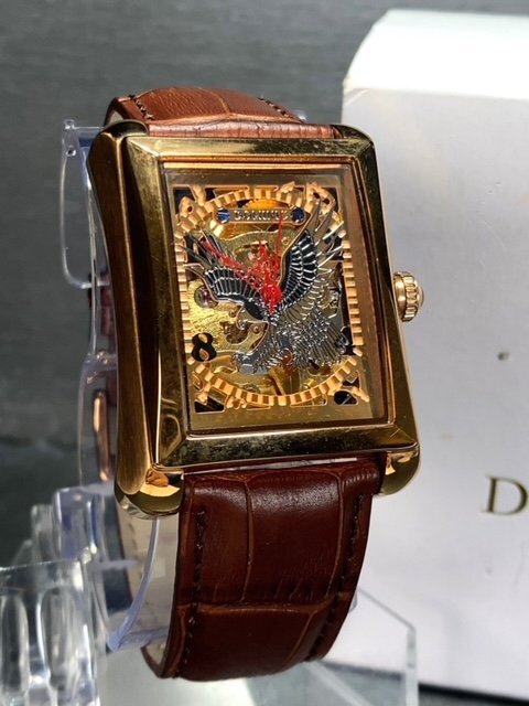 新品 正規品 ドミニク DOMINIC 自動巻き 腕時計 オートマティック スクエア スケルトン レザーベルト ブラウン ゴールド メンズ プレゼントの画像2
