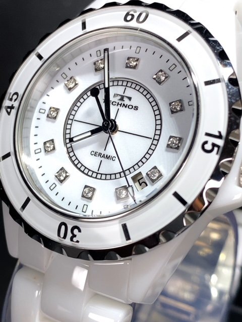 ダイヤモンド付き 新品 テクノス TECHNOS 正規品 腕時計 アナログ腕時計 クオーツ セラミック カレンダー 防水 3針 ホワイト プレゼントの画像3