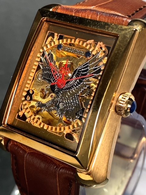 新品 正規品 ドミニク DOMINIC 自動巻き 腕時計 オートマティック スクエア スケルトン レザーベルト ブラウン ゴールド メンズ プレゼントの画像3
