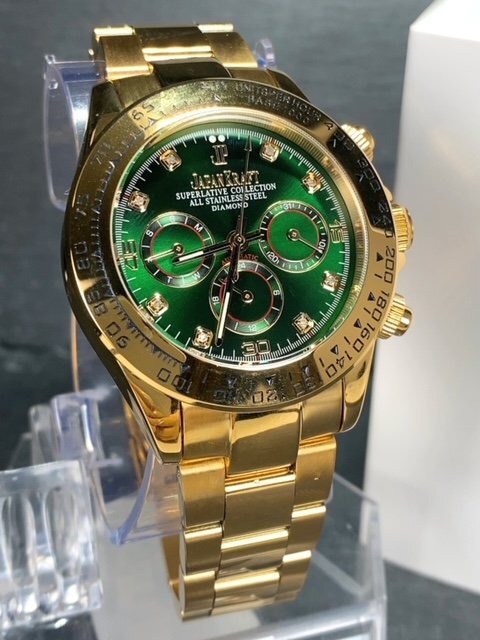 8石天然ダイヤモンド付き 新品 JAPAN KRAFT ジャパンクラフト 腕時計 正規品 クロノグラフ 自動巻き オートマティック ゴールド グリーンの画像2
