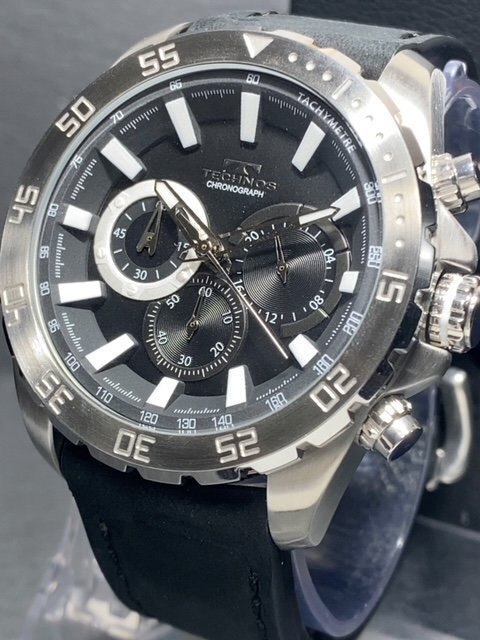 新品 TECHNOS テクノス 腕時計 正規品 アナログ腕時計 クオーツ クロノグラフ 日常生活強化防水 レザーベルト メンズ ブラック プレゼントの画像2