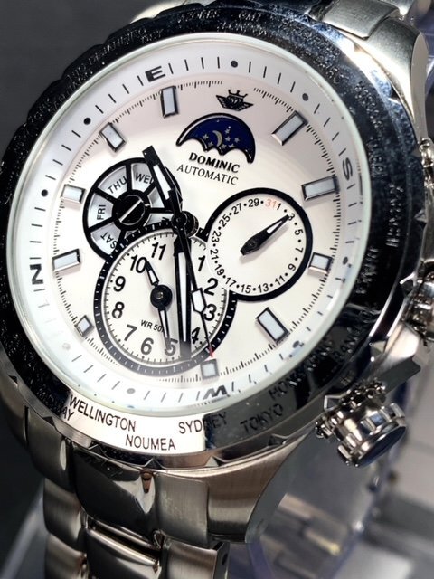 新品 正規品 ドミニク DOMINIC 自動巻き 腕時計 サン＆ムーン オートマティック カレンダー 5気圧防水 ステンレス ホワイト プレゼントの画像3