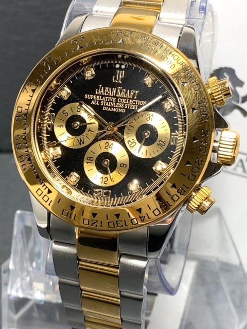 天然ダイヤモンド付き 新品 JAPAN KRAFT ジャパンクラフト 腕時計 正規品 クロノグラフ コスモグラフ 自動巻き 機械式 ゴールド ブラックの画像2