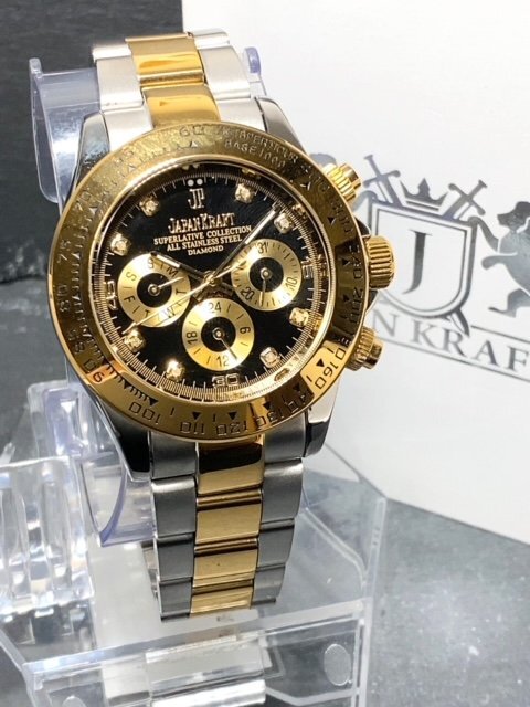 天然ダイヤモンド付き 新品 JAPAN KRAFT ジャパンクラフト 腕時計 正規品 クロノグラフ コスモグラフ 自動巻き 機械式 ゴールド ブラックの画像3