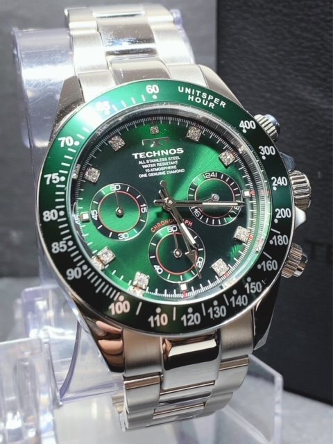 限定カラー 天然ダイヤモンド付き 新品 TECHNOS テクノス 正規品 腕時計 シルバー グリーン クロノグラフ アナログ腕時計 多機能腕時計