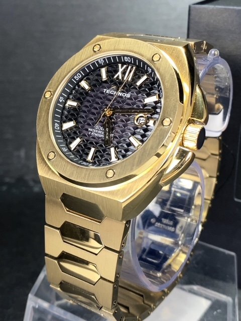  новый товар Tecnos TECHNOS стандартный товар наручные часы аналог наручные часы солнечный нержавеющая сталь 3 атмосферное давление водонепроницаемый календарь Gold черный мужской подарок 