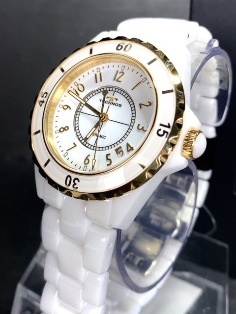  новый товар Tecnos TECHNOS стандартный товар наручные часы аналог наручные часы кварц керамика 3 атмосферное давление водонепроницаемый календарь бизнес Gold белый подарок 