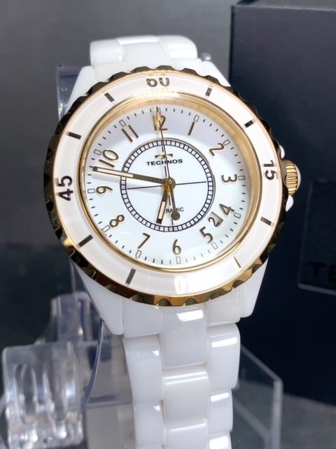  новый товар Tecnos TECHNOS стандартный товар наручные часы аналог наручные часы кварц керамика 3 атмосферное давление водонепроницаемый календарь бизнес Gold белый подарок 