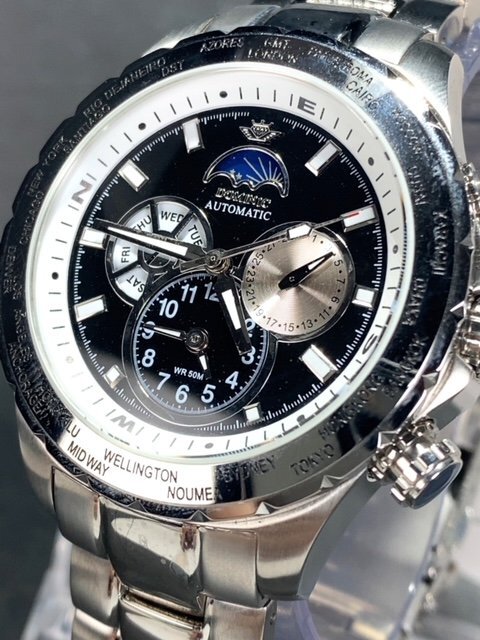 新品 正規品 ドミニク DOMINIC 自動巻き 腕時計 サン＆ムーン オートマティック カレンダー 防水 ステンレス ブラック シルバー プレゼントの画像3