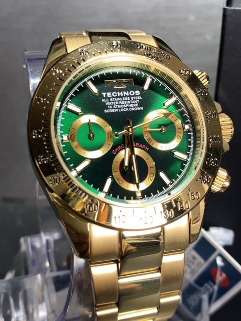  новый товар Tecnos TECHNOS стандартный товар наручные часы аналог наручные часы кварц нержавеющая сталь хронограф 10 атмосферное давление водонепроницаемый Gold зеленый мужской подарок 