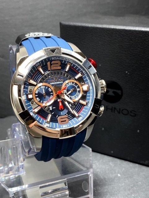 新品 TECHNOS テクノス 正規品 ラバーベルト クロノグラフ クォーツ アナログ腕時計 多機能腕時計 10気圧防水 ブルー ビックフェイス_画像4