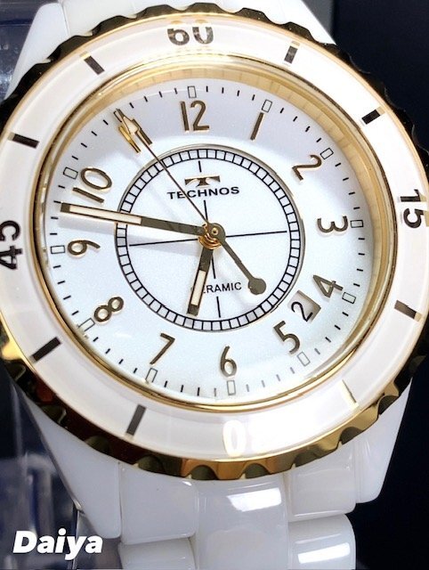 新品 テクノス TECHNOS 正規品 腕時計 アナログ腕時計 クオーツ セラミック 3気圧防水 カレンダー ビジネス ゴールド ホワイト プレゼント