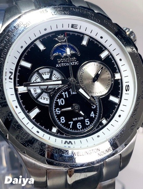 新品 正規品 ドミニク DOMINIC 自動巻き 腕時計 サン＆ムーン オートマティック カレンダー 防水 ステンレス ブラック シルバー プレゼントの画像1