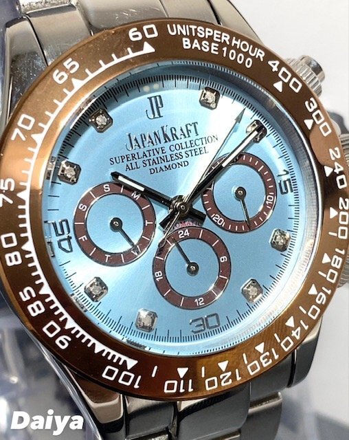 天然ダイヤモンド付き 新品 JAPAN KRAFT ジャパンクラフト 腕時計 正規品 クロノグラフ コスモグラフ 自動巻き 機械式 防水 アイスブルーの画像1