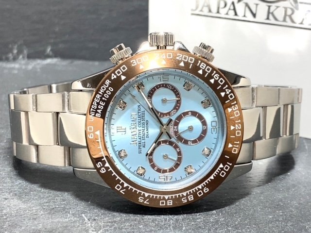 天然ダイヤモンド付き 新品 JAPAN KRAFT ジャパンクラフト 腕時計 正規品 クロノグラフ コスモグラフ 自動巻き 機械式 防水 アイスブルーの画像5