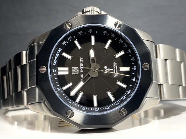 新品 ELGIN エルジン 腕時計 正規品 電波受信機能 ソーラー アナログ腕時計 ステンレス 10気圧防水 ビジネス ブラック 蓄光 プレゼントの画像5