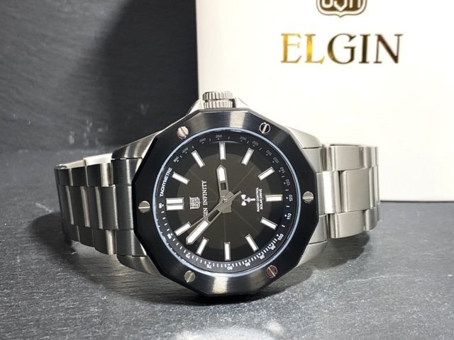 新品 ELGIN エルジン 腕時計 正規品 電波受信機能 ソーラー アナログ腕時計 ステンレス 10気圧防水 ビジネス ブラック 蓄光 プレゼントの画像6