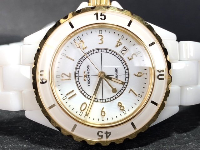 新品 テクノス TECHNOS 正規品 腕時計 アナログ腕時計 クオーツ セラミック 3気圧防水 カレンダー ビジネス ゴールド ホワイト プレゼント