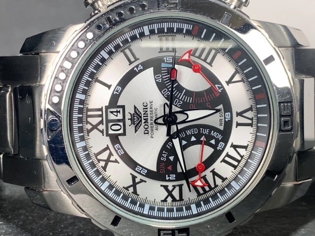 新品 正規品 ドミニク DOMINIC 自動巻き 腕時計 オートマティック カレンダー 5気圧防水 ステンレス シルバー ブラック パワーリザーブの画像6